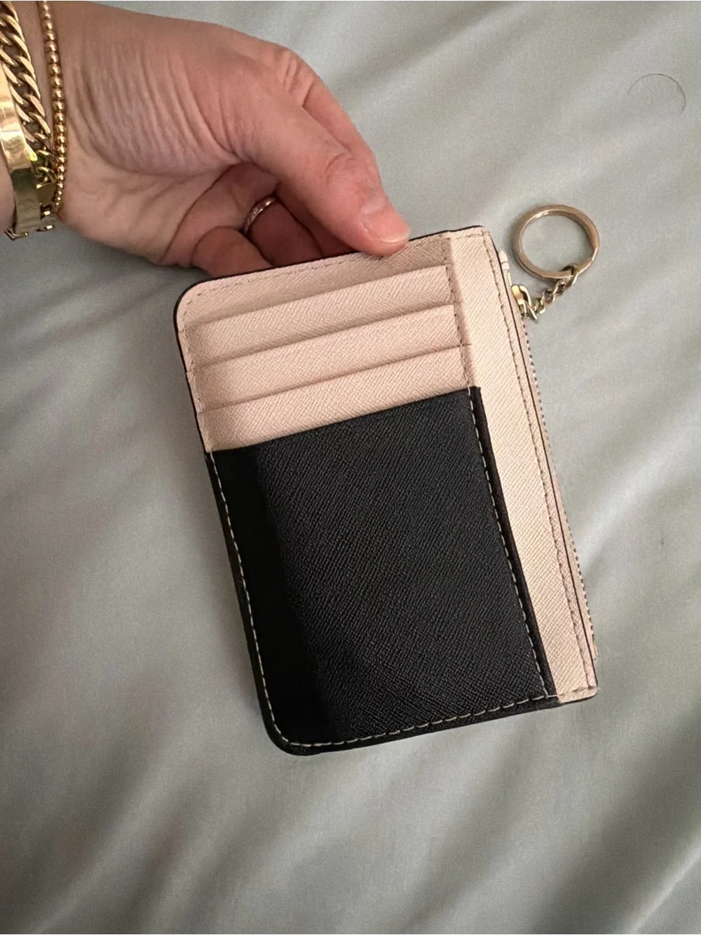 kate spade pale pink Saffiano zip card pouch with key ring